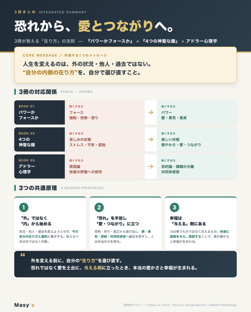 名著3冊（パワーかフォースか・4つの神聖な鍵・アドラー心理学）の統合図解。恐れ（フォース・苦しみの状態・原因論）から、愛とつながり（パワー・美しい状態・共同体感覚）へ。