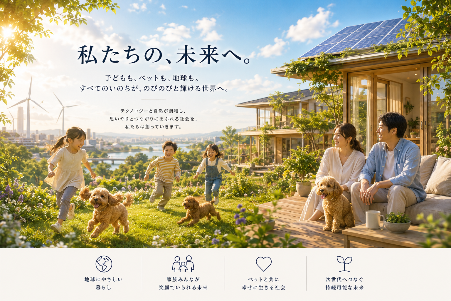 私たちの、未来へ。子どもも、ペットも、地球も。すべてのいのちが、のびのびと輝ける世界へ。テクノロジーと自然が調和し、思いやりとつながりにあふれる社会を、私たちは創っていきます。